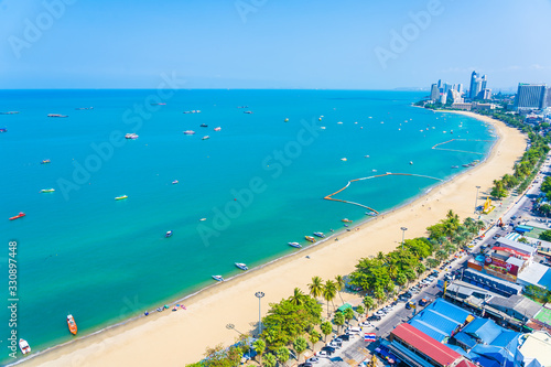 Beautiful tropical beach sea ocean bay and architecture building in Pattaya city Thailand