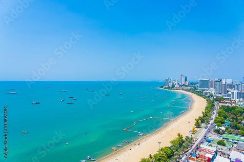 Beautiful tropical beach sea ocean bay and architecture building in Pattaya city Thailand