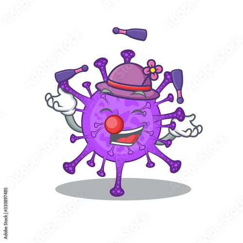 A sweet bovine coronavirus mascot cartoon style playing Juggling
