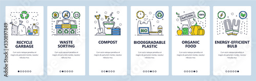 Waste sorting and recycling website and mobile app onboarding screens vector template