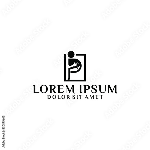 Initial letter P logo template with people full stomach or pregnant woman illustration in flat design monogram symbol
