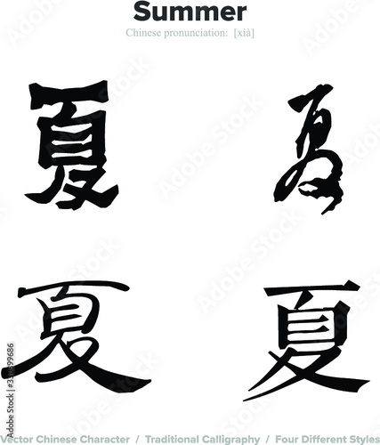 Summer - Chinese Calligraphy with translation, 4 styles
