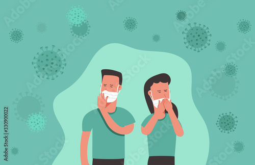 woman and man wearing surgical or medical face mask to protect from virus spreading, flu prevention, coronavirus quarantine concept, character cartoon vector flat illustration
