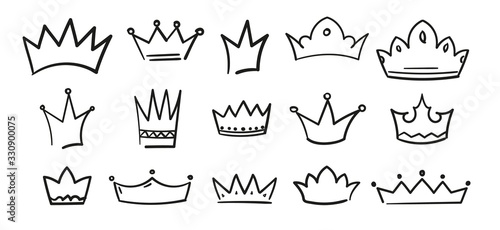 Sketch crown. Hand drawn king queen tiara. Doodle royal diadem symbol set. Vintage heraldic simple logo