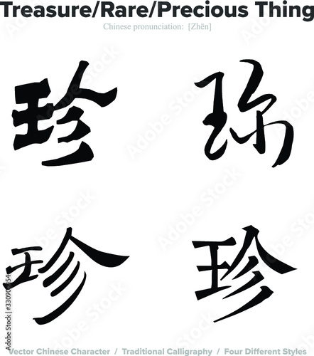 Treasure, rare, Precious Thing - Chinese Calligraphy with translation, 4 styles