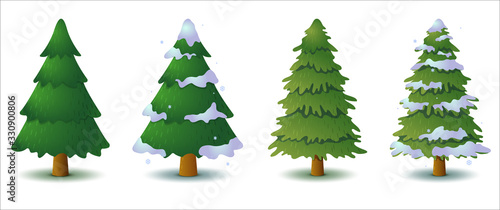 Set of vector green coniferous tree in winter and summer. Game UI flat. Isolated stock illustration
