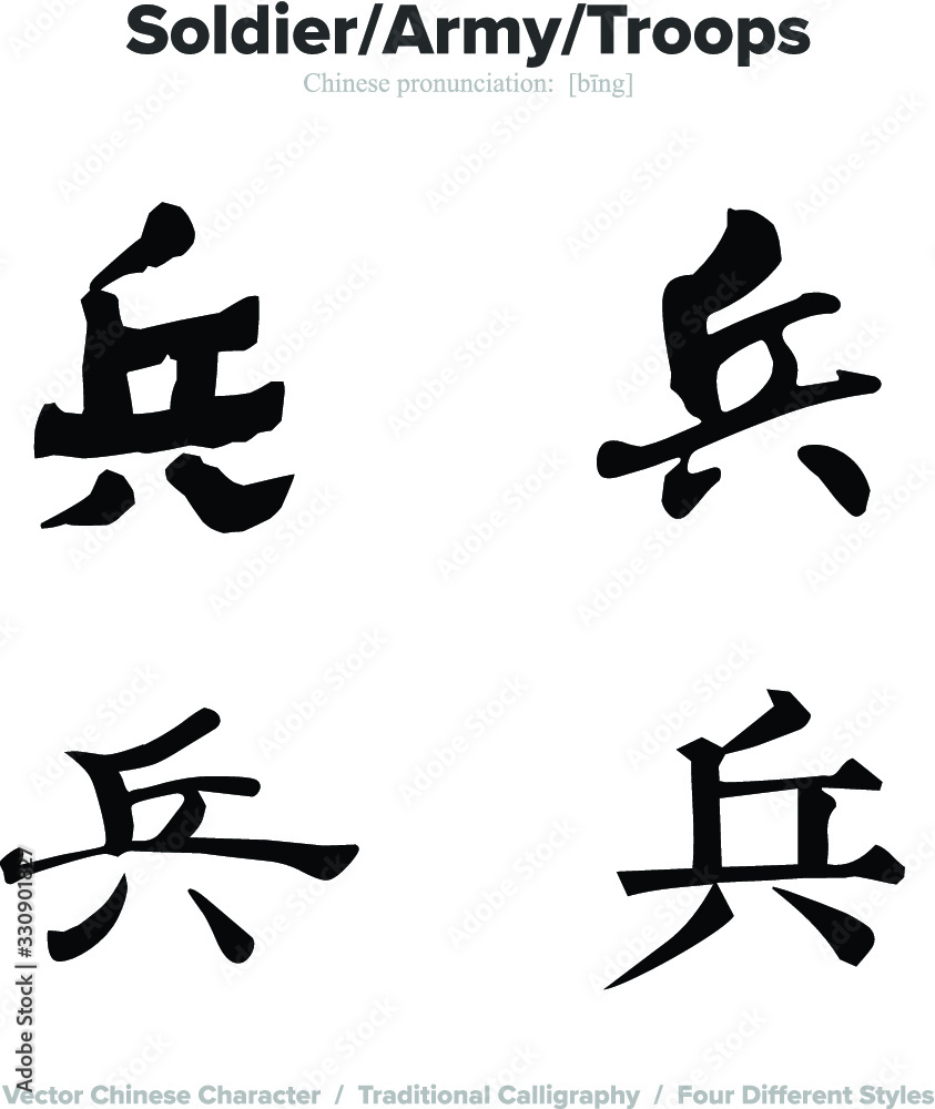 Soldier, Army, Troops - Chinese Calligraphy with translation, 4 styles Soldier, Army, Troops - Chinese Calligraphy with translation, 4 styles