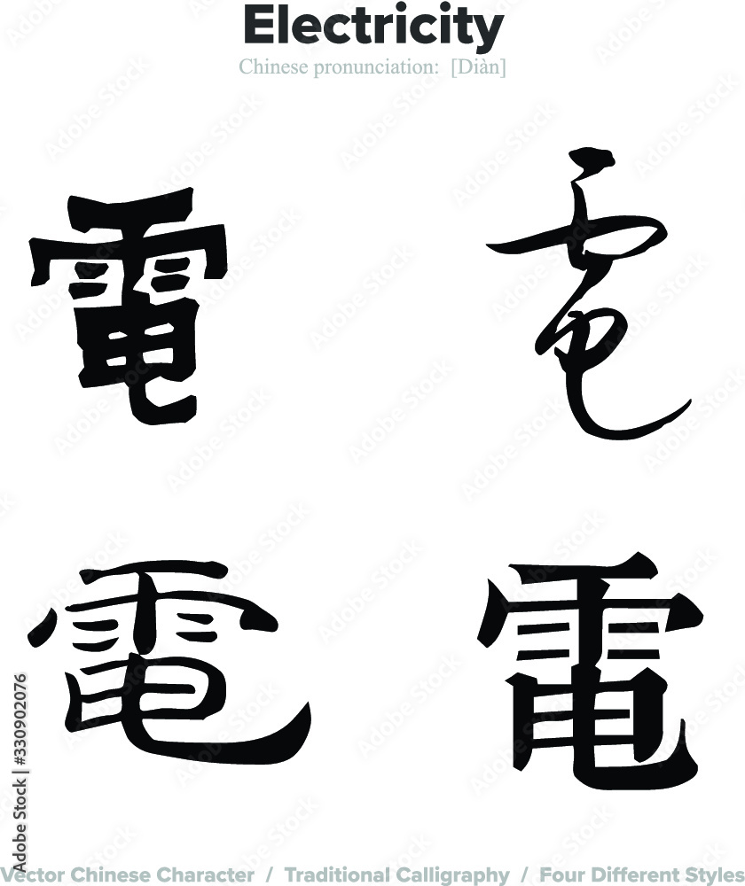 Electricity - Chinese Calligraphy with translation, 4 styles Electricity - Chinese Calligraphy with translation, 4 styles