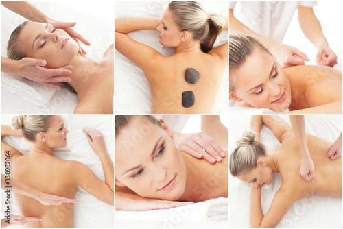 Women having different types of massage. Spa, wellness, health care and aroma therapy collage. Health, recreation and massaging therapy.