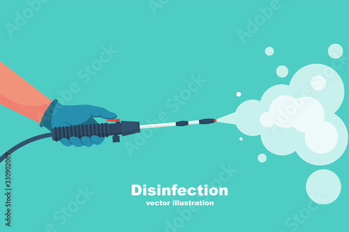 Prevention concept. Disinfection and cleaning. A man in chemical protection disinfects. Methods of controlling the epidemic of coronavirus. Vector illustration flat design. Cleaner in the hand.
