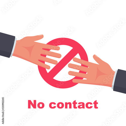 Do not contact. No handshake icon. Red prohibition sign. Precautions and prevention of coronavirus disease. No physical contact. Warning, dangerous infection on hands. Vector illustration flat design.