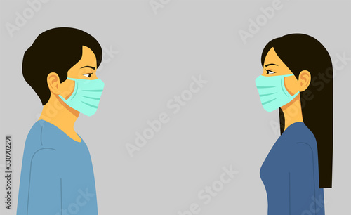 Epidemic. Novel coronavirus 2019-nCoV, man and woman in blue medical face mask. Concept of coronavirus quarantine. Vector illustration flat design. Isolated.