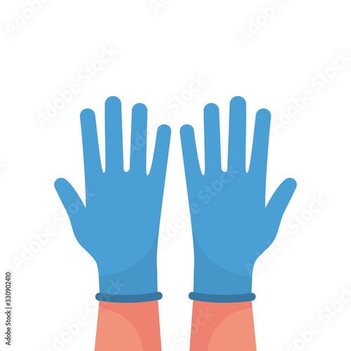 Hands putting on protective blue gloves. Latex gloves as a symbol of protection against viruses and bacteria. Precaution icon. Vector illustration flat design. Isolated on white background. photo