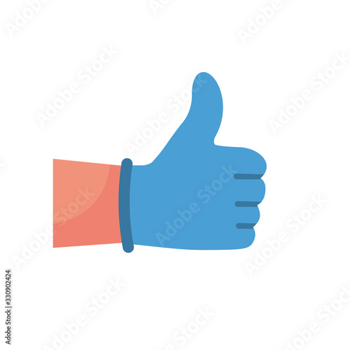 Medical Like icon. Human hand in blue glove with thumb up. Vector illustration flat design. Isolated on white background. Quarantined man in protective gloves.