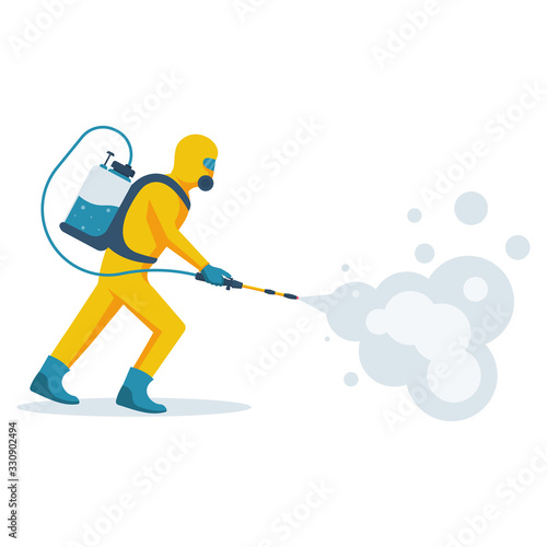 Disinfection concept. Man in yellow protective hazmat suit. Prevention coronavirus. Vector illustration flat design. Radiation and danger. Epidemic precautions.