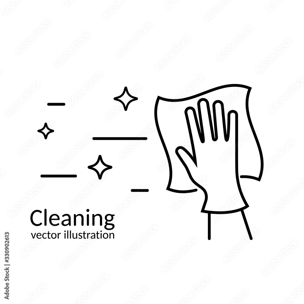 Obraz premium Cleaning service abstract background. Black line of a hand in glove with a rag. Cleanliness and shine. Hygiene and disinfection. Housekeeping concept. Work at home. Vector illustration flat design.