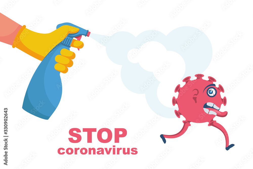 Man in gloves holds bottle of antiseptic spray. Prevention controlling epidemic of coronavirus covid-2019. Worker in chemical protection disinfects. Vector flat design. Cleaner in hand. Runaway virus. Man in gloves holds bottle of antiseptic spray. Prevention controlling epidemic of coronavirus covid-2019. Worker in chemical protection disinfects. Vector flat design. Cleaner in hand. Runaway virus.