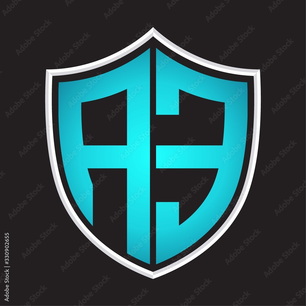 AE Logo monogram with shield shape isolated blue colors on outline design template