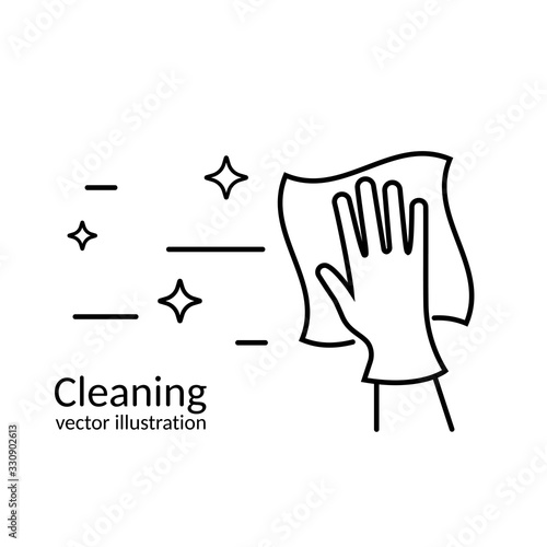Cleaning service abstract background. Black line of a hand in glove with a rag. Cleanliness and shine. Hygiene and disinfection. Housekeeping concept. Work at home. Vector illustration flat design.