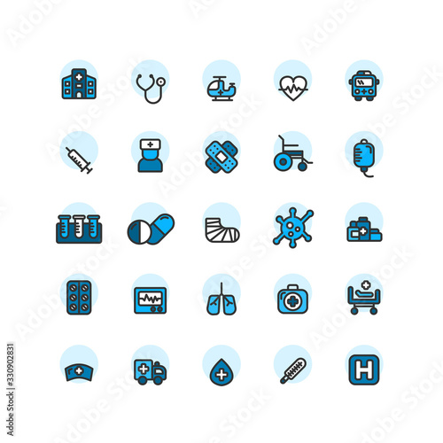 Hospital filled outline icon set. Vector and Illustration.