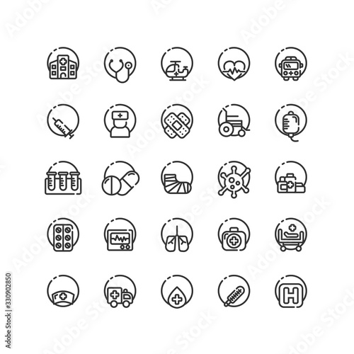 Hospital outline icon set. Vector and Illustration.