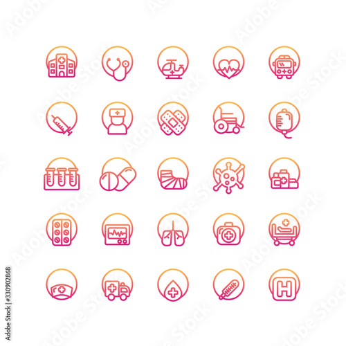 Hospital gradient icon set. Vector and Illustration.