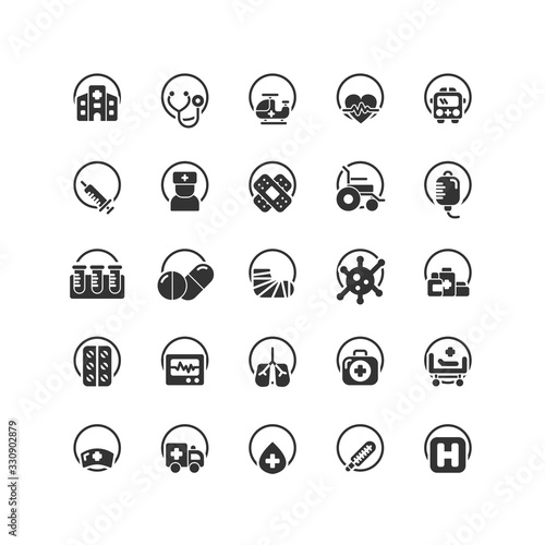 Hospital solid icon set. Vector and Illustration.