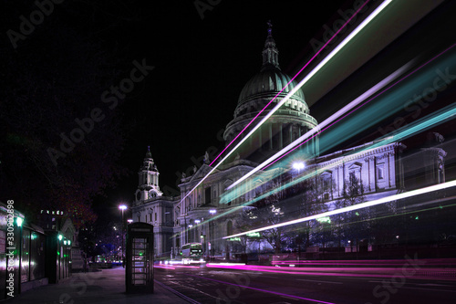 St Paul's Cathedral at night with light streaks illuminating the foreground. Cyberpunk colours photo