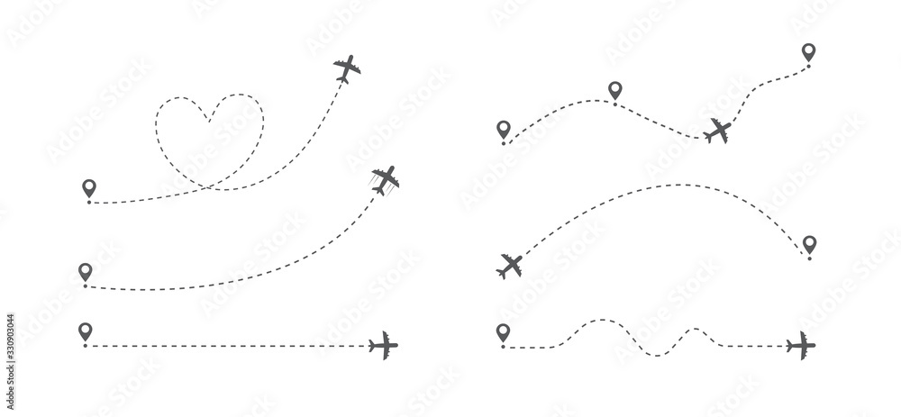 Airplane flight route. Flight tourism route path. Starting pin to destination point. Travel symbol. Vector illustration Airplane flight route. Flight tourism route path. Starting pin to destination point. Travel symbol. Vector illustration