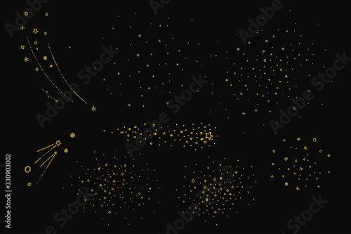 Vector hand drawn golden, shiny and glitter stars in clusters. Vector Golden Star brush on black background