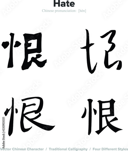 hate - Chinese Calligraphy with translation  4 styles