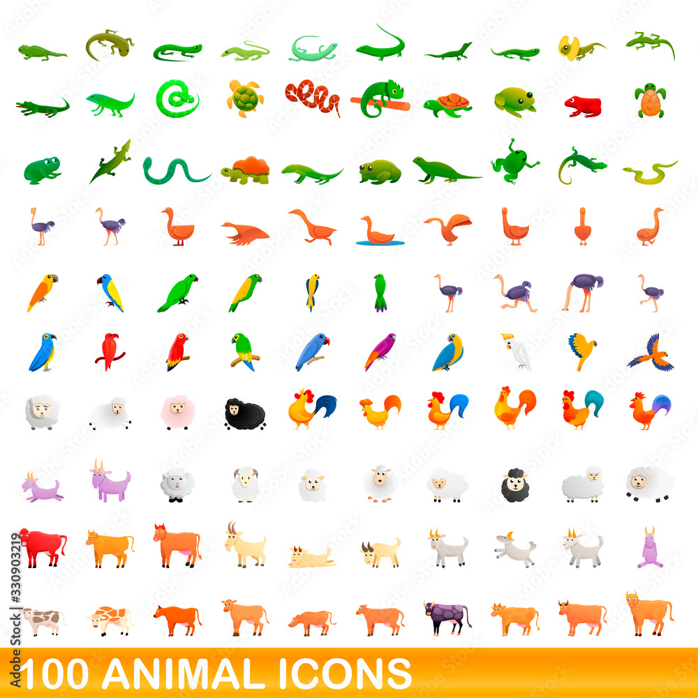 Obraz premium 100 animal icons set. Cartoon illustration of 100 animal icons vector set isolated on white background