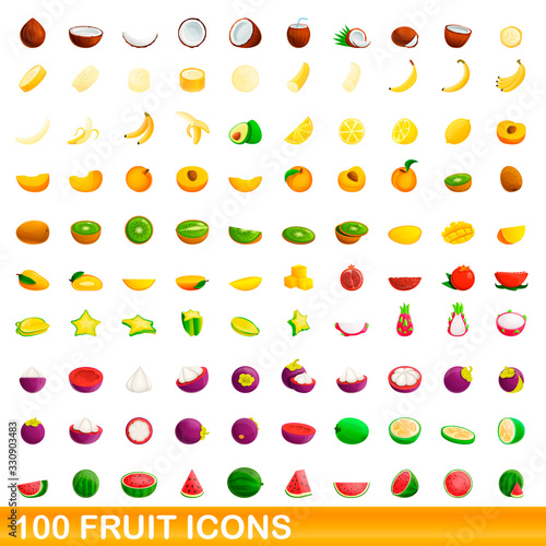 Fototapeta Naklejka Na Ścianę i Meble -  100 fruit icons set. Cartoon illustration of 100 fruit icons vector set isolated on white background