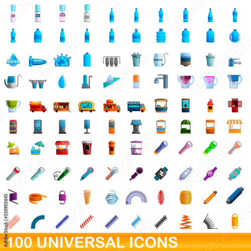 100 universal icons set. Cartoon illustration of 100 universal icons vector set isolated on white background