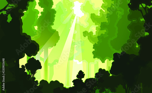 Forest background vector. Illustration of a landscape in green colors. Silhouettes of trees, sunlight. Light sky, sun rays. Delicate spring, summer foliage, leaves. Dense thickets of deciduous plants.