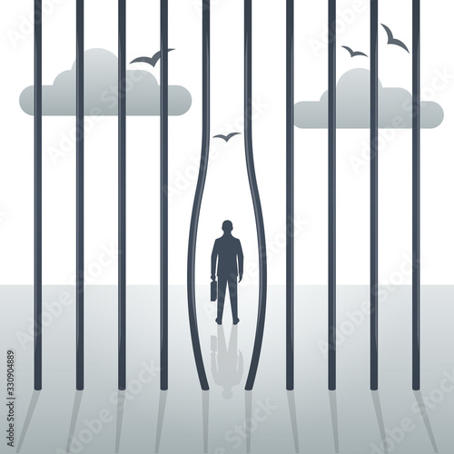 Freedom concept. The prisoner left the prison. Bending metal bars. Break free. Silhouette of a man, cloudy sky and birds on the background as a symbol of liberation. Vector illustration flat design.