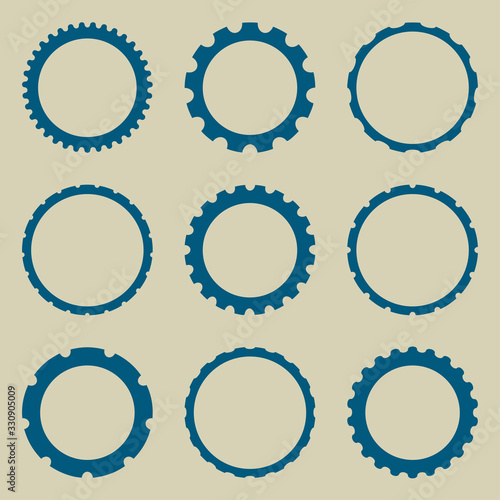 Bottle cap or silhouetted of machine gear, abstract icon. Round postal stamps or Car wheel icon. Vector circle frames set