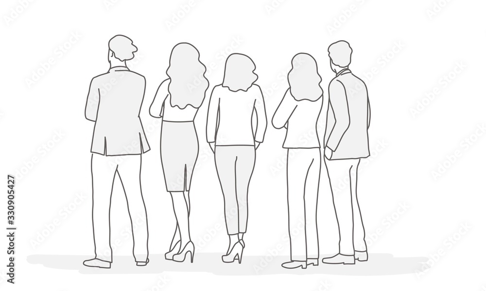 Hand drawn vector illustration of people standing with their backs turned. Hand drawn vector illustration of people standing with their backs turned.