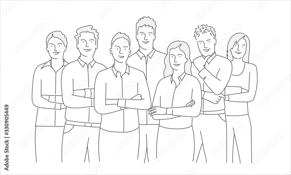 Line drawing of standing team with arms crossed. Vector illustration business concept.