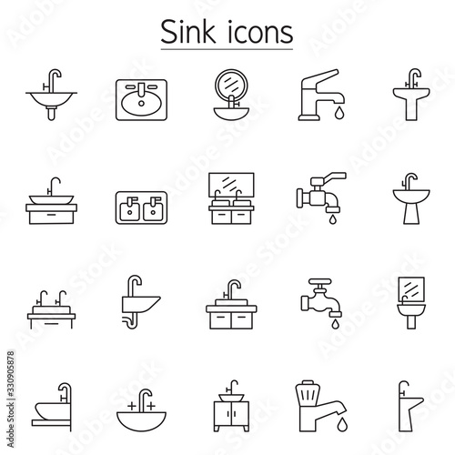 Sink & Faucet icon set in thin line style