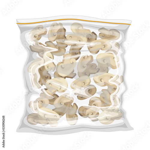 Frozen Chopped Mushrooms Stored in Plastic Package Vector Illustration