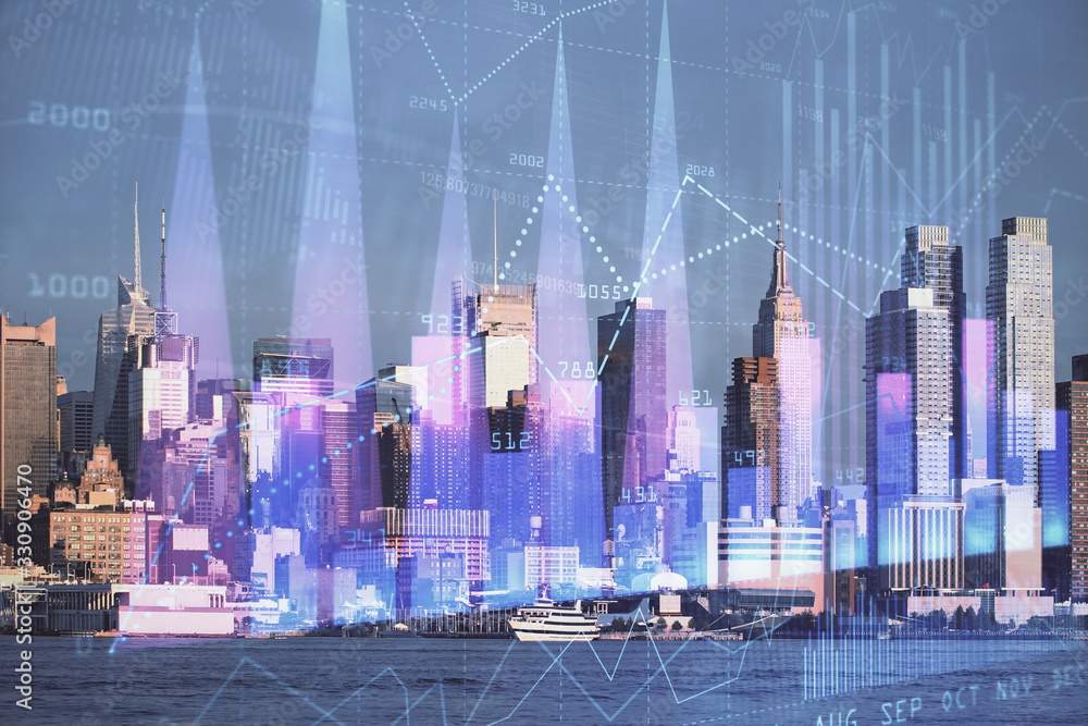Forex graph on city view with skyscrapers background double exposure. Financial analysis concept. Forex graph on city view with skyscrapers background double exposure. Financial analysis concept.