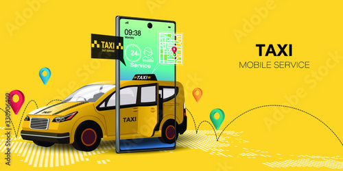 Taxi services on mobile application and website in yellow cab illustration.