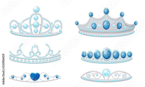 Gleamy Princess Crowns or Diadems with Precious Stones Vector Set