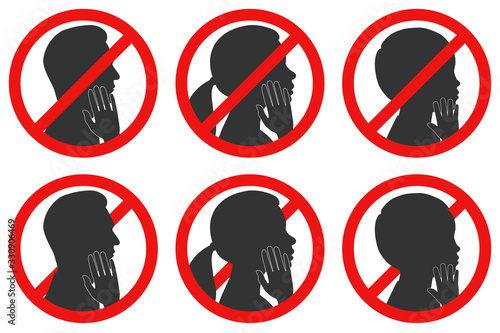 Prohibition of touching the face. Red stop sign. Vector illustration