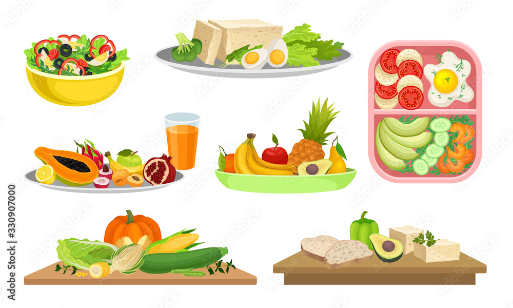 Healthy Food Rested on Cutting Board and Greengroceries Served on Plates Vector Set Healthy Food Rested on Cutting Board and Greengroceries Served on Plates Vector Set