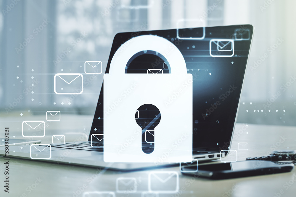 Creative concept with lock symbol and postal envelopes illustration on modern laptop background. Protection and firewall concept. Multiexposure Creative concept with lock symbol and postal envelopes illustration on modern laptop background. Protection and firewall concept. Multiexposure