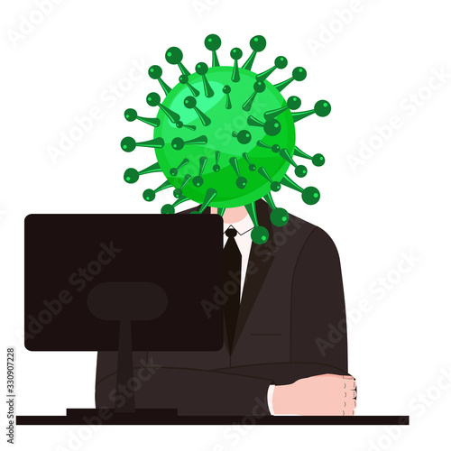 Virus character, human body head virus, character with computer. Microbe, Pathogen, coronavirus flu germ virus infection bacteriaicon