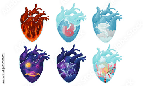 Human Hearts with Vessels and Scenes with Galaxy and Fire Inside Vector Set