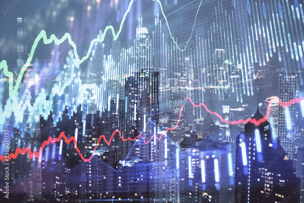 Double exposure of forex chart drawings over cityscape background. Concept of success. Double exposure of forex chart drawings over cityscape background. Concept of success.